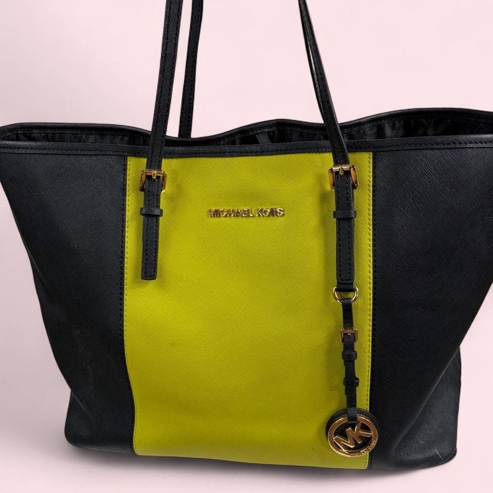 Michael Kors Black Lime Green Colorblock Saffiano Leather Tote Bag